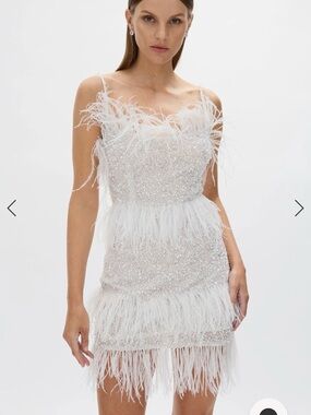 Rachel Gilbert White Hand-Embellished Feather Tier Mini Dress